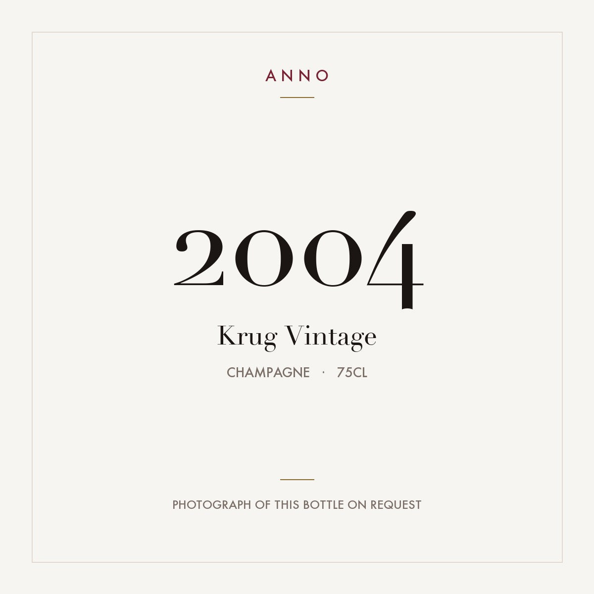 Krug Vintage Champagne 2004 AOC 0,75l — carte millésime ANNO ; photo de la bouteille réelle disponible sur demande
