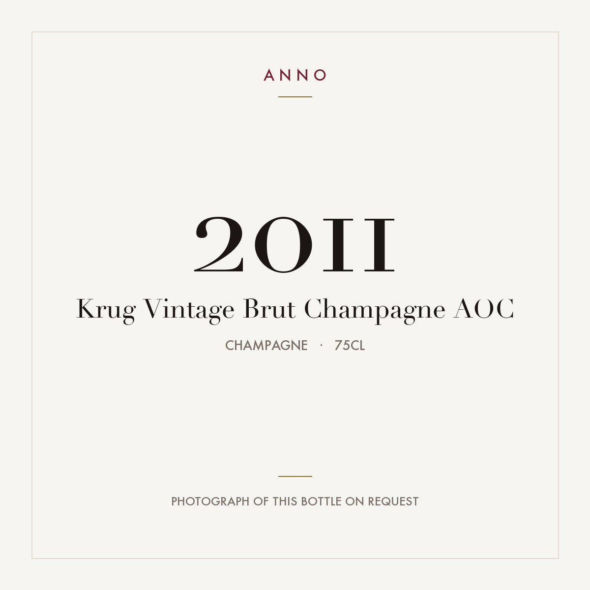 Krug Vintage Brut Champagne 2011 AOC 0,75l, Champagne — tarjeta de añada ANNO; foto de la botella real disponible bajo petición