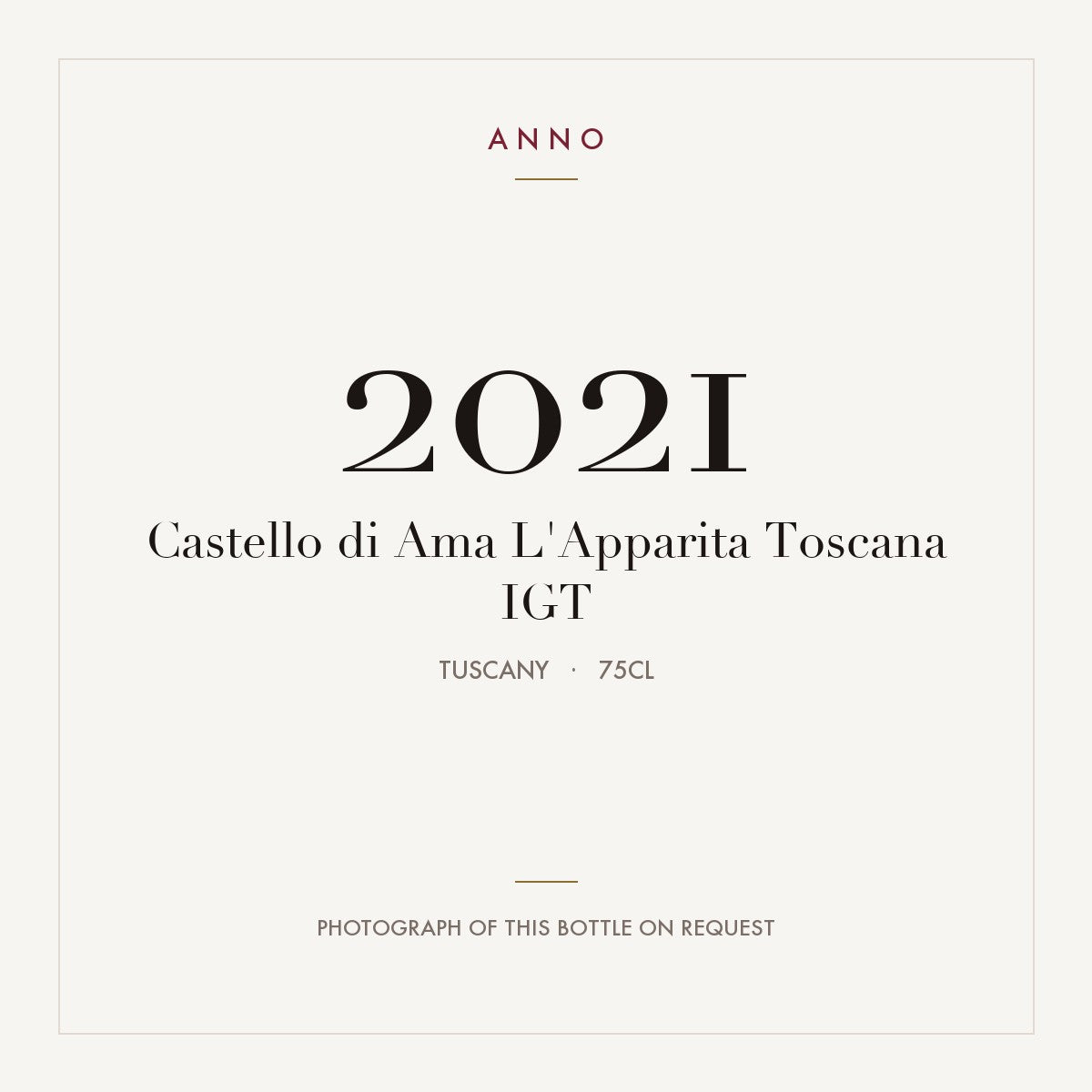 Castello di Ama L'Apparita Toscana 2021 IGT 0,75l, Toskana — ANNO-Jahrgangskarte; Foto der tatsächlichen Flasche auf Anfrage