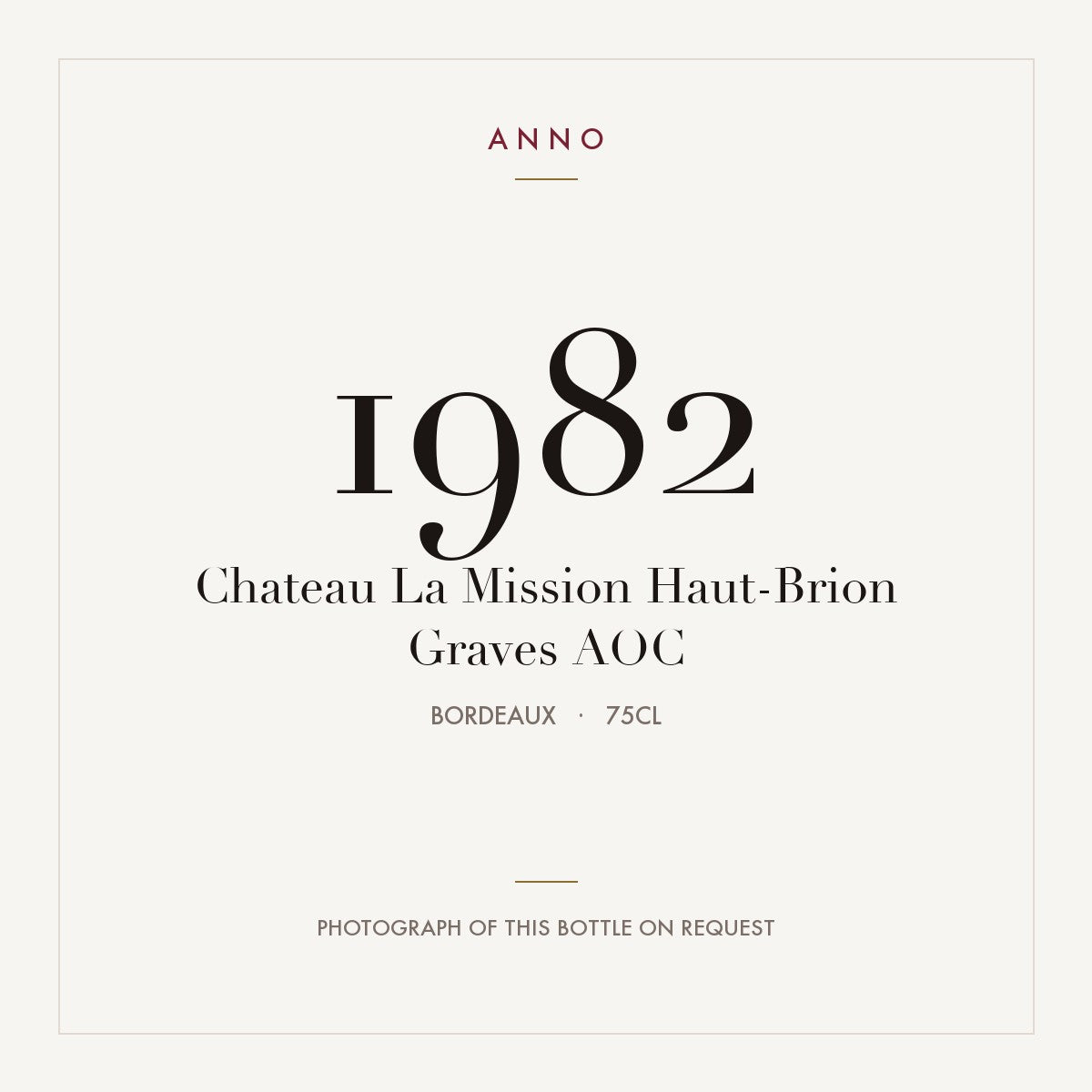 Chateau La Mission Haut-Brion Graves 1982 AOC 0,75l from Bordeaux — ANNO vintage card; photograph of the actual bottle available on request