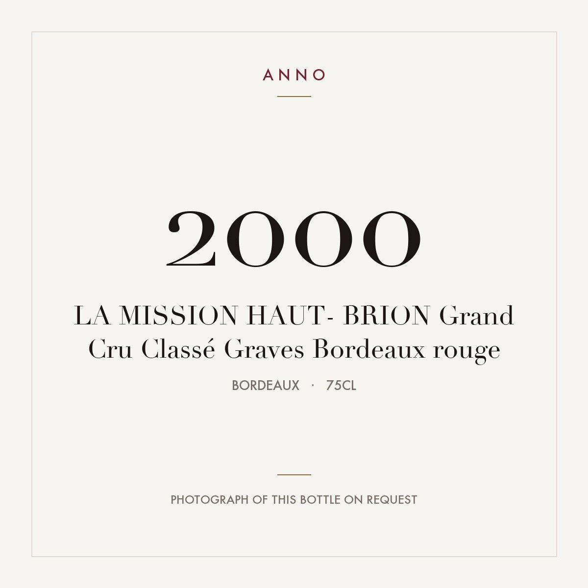 Chateau La Mission Haut-Brion Pessac-Leognan 2000 AOC 0,75l — ANNO vintage card; photograph of the actual bottle available on request