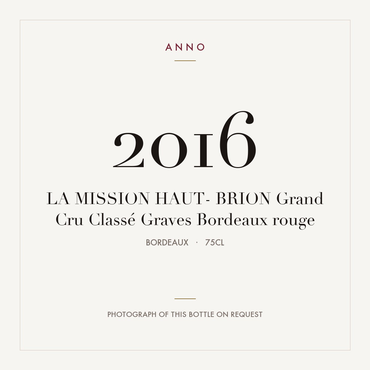 Chateau La Mission Haut-Brion Pessac-Leognan 2016 AOC 0,75l — ANNO vintage card; photograph of the actual bottle available on request