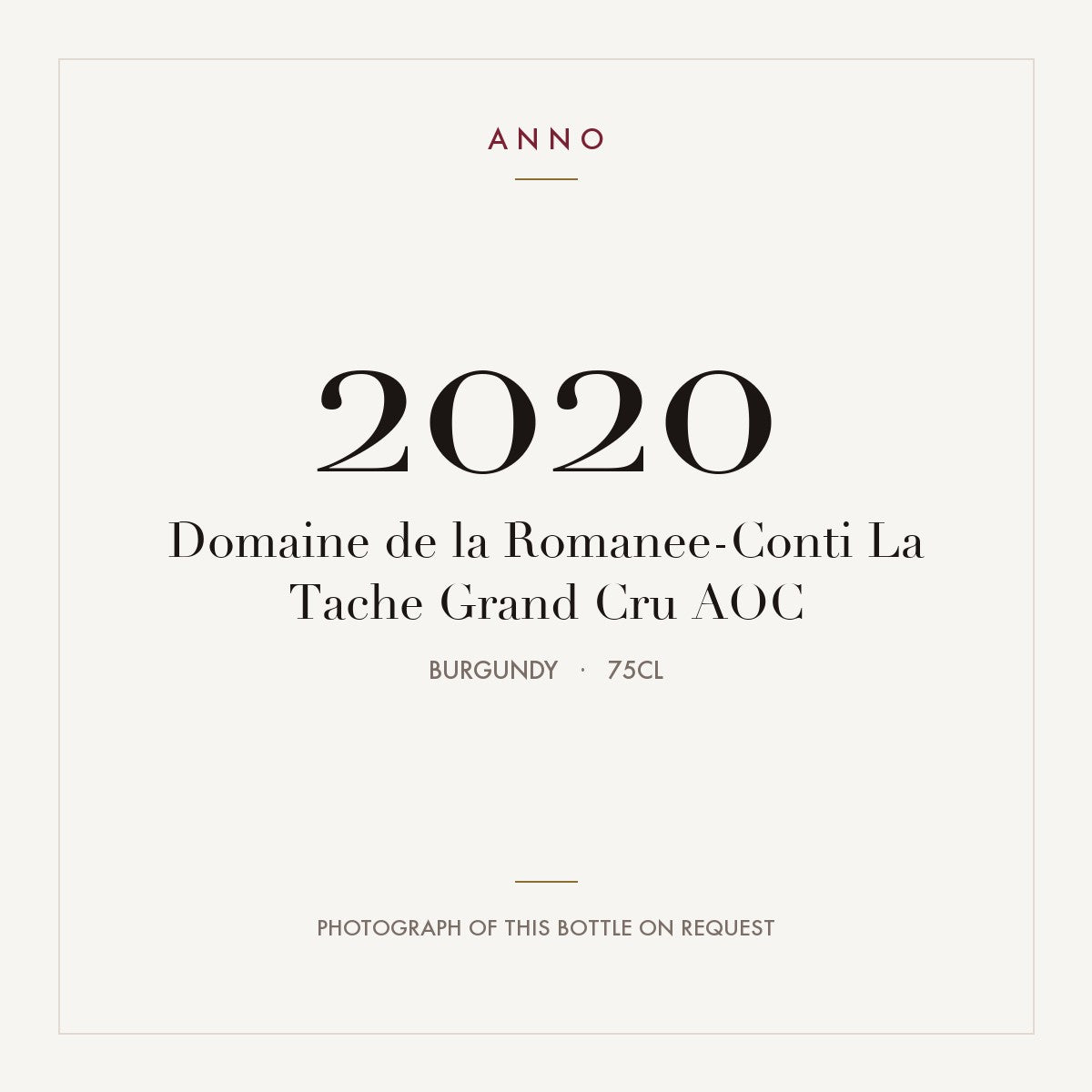 Domaine de la Romanee-Conti La Tache Grand Cru 2020 AOC 0,75l, Borgoña — tarjeta de añada ANNO; foto de la botella real disponible bajo petición