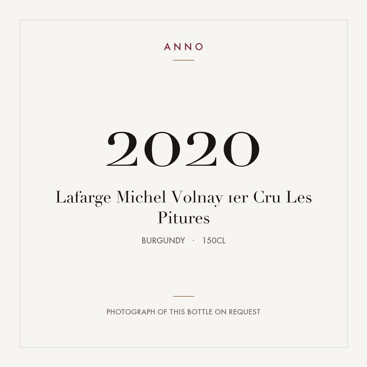 Lafarge Michel Volnay 1er Cru Les Pitures 2020 1,5l from Burgundy — ANNO vintage card; photograph of the actual bottle available on request
