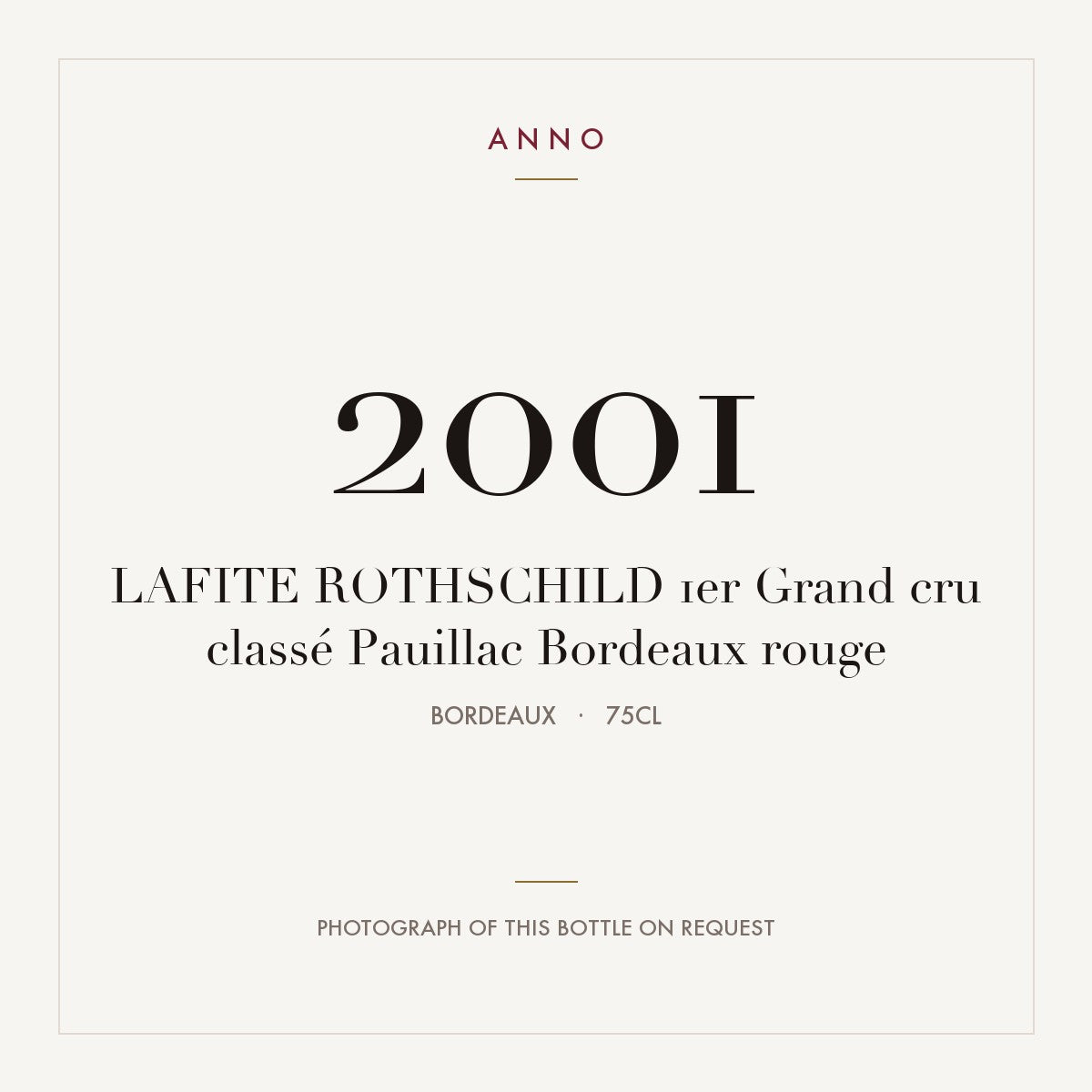 Chateau Lafite Rothschild Pauillac 2001 AOC 0,75l — ANNO vintage card; photograph of the actual bottle available on request