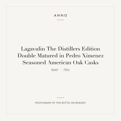 Lagavulin The Distillers Edition Double Matured in Pedro Ximenez Seasoned American Oak Casks 2022 0,75l from Islay — ANNO vintage card; photograph of the actual bottle available on request