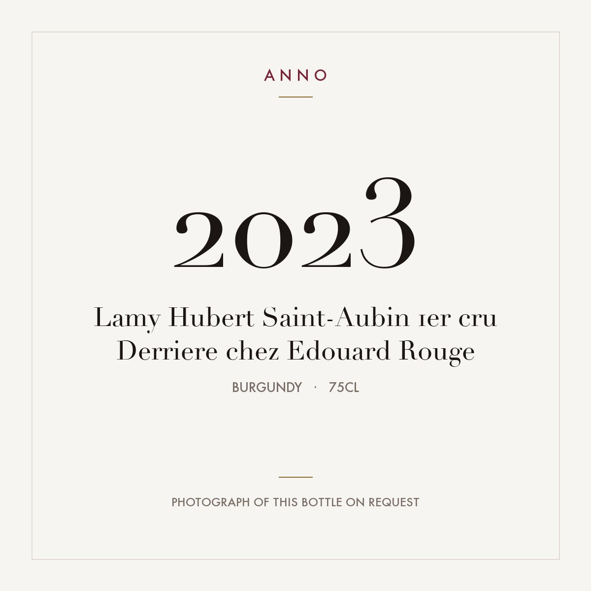 Lamy Hubert Saint-Aubin 1er cru Derriere chez Edouard Rouge 2023 0,75l from Burgundy — ANNO vintage card; photograph of the actual bottle available on request