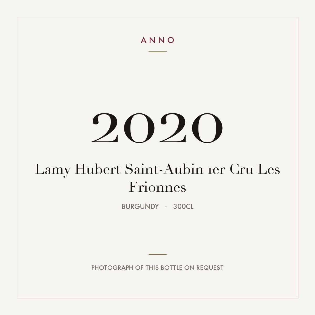 Lamy Hubert Saint-Aubin 1er Cru Les Frionnes 2020 3l from Burgundy — ANNO vintage card; photograph of the actual bottle available on request