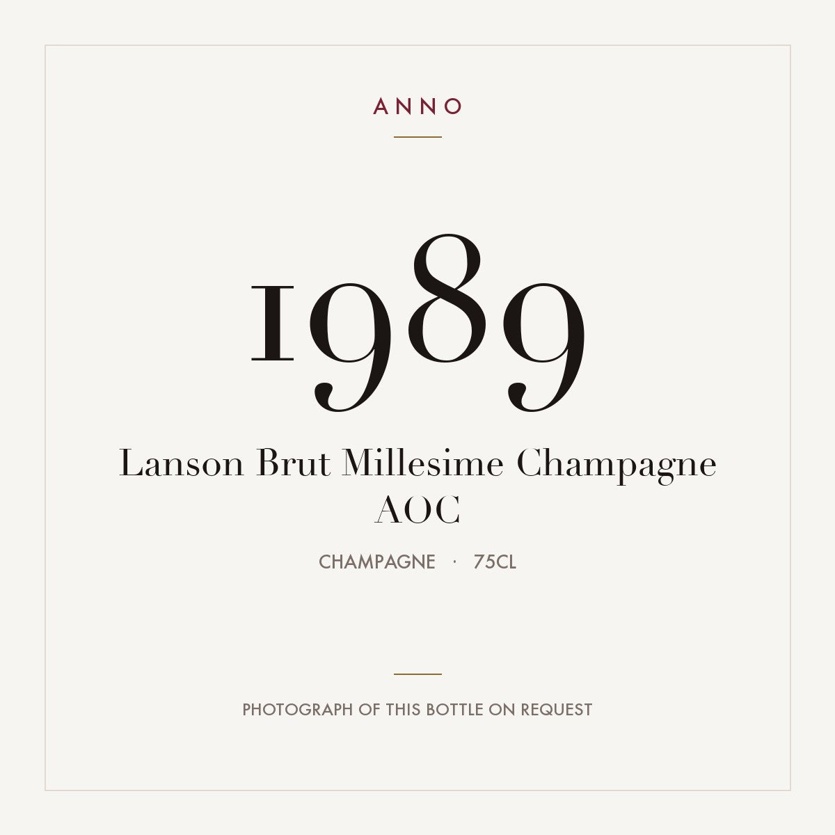 Lanson Brut Millesime Champagne 1989 AOC 0,75l, Champagne — cartão de colheita ANNO; fotografia da garrafa real disponível a pedido
