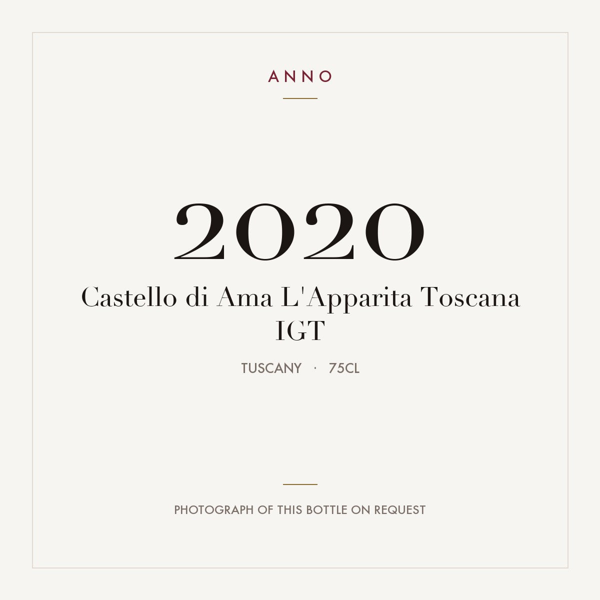 Castello di Ama L'Apparita Toscana 2020 IGT 0,75l, Toskana — ANNO-Jahrgangskarte; Foto der tatsächlichen Flasche auf Anfrage