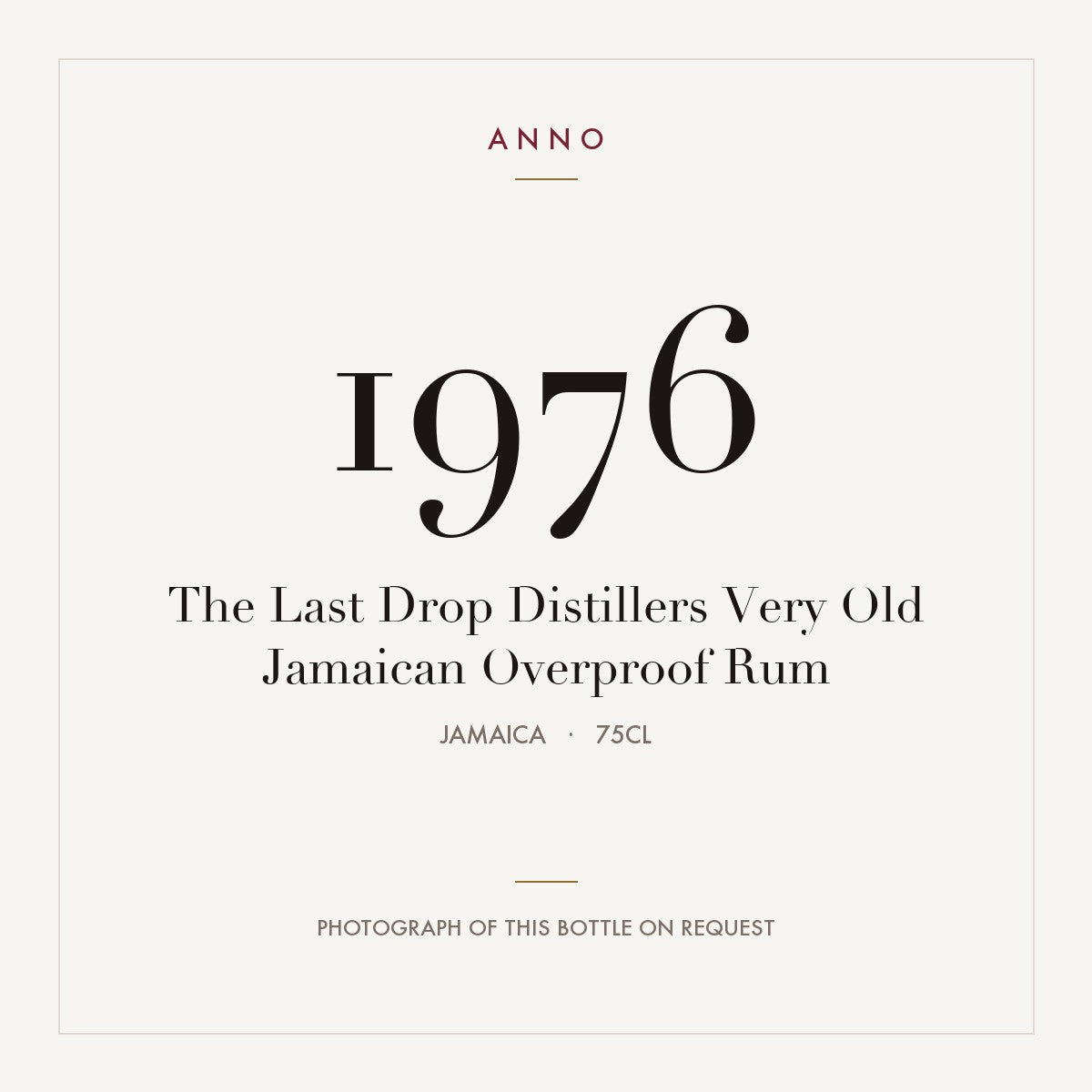 The Last Drop Distillers Very Old Jamaican Overproof Rum 1976 0,75l, Jamaica — cartão de colheita ANNO; fotografia da garrafa real disponível a pedido