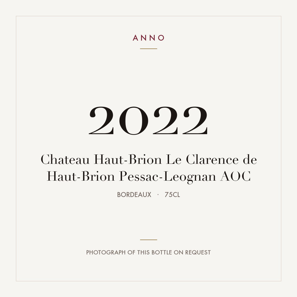 Chateau Haut-Brion Le Clarence de Haut-Brion Pessac-Leognan 2022 AOC 0,75l from Bordeaux — ANNO vintage card; photograph of the actual bottle available on request
