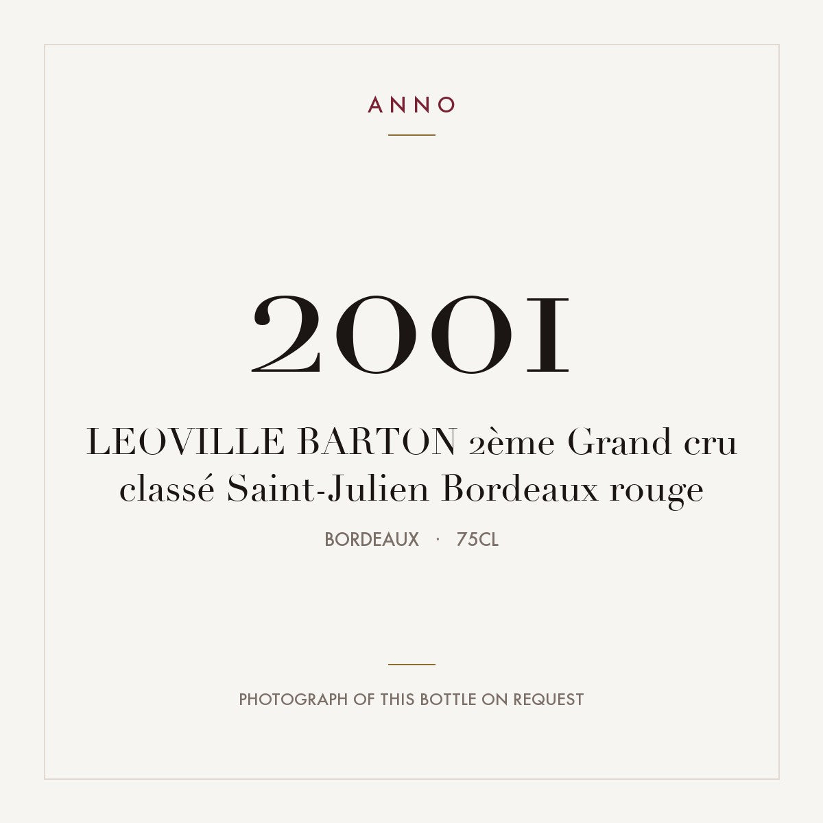 Leoville Barton Saint-Julien 2001 AOC 0,75l — ANNO vintage card; photograph of the actual bottle available on request