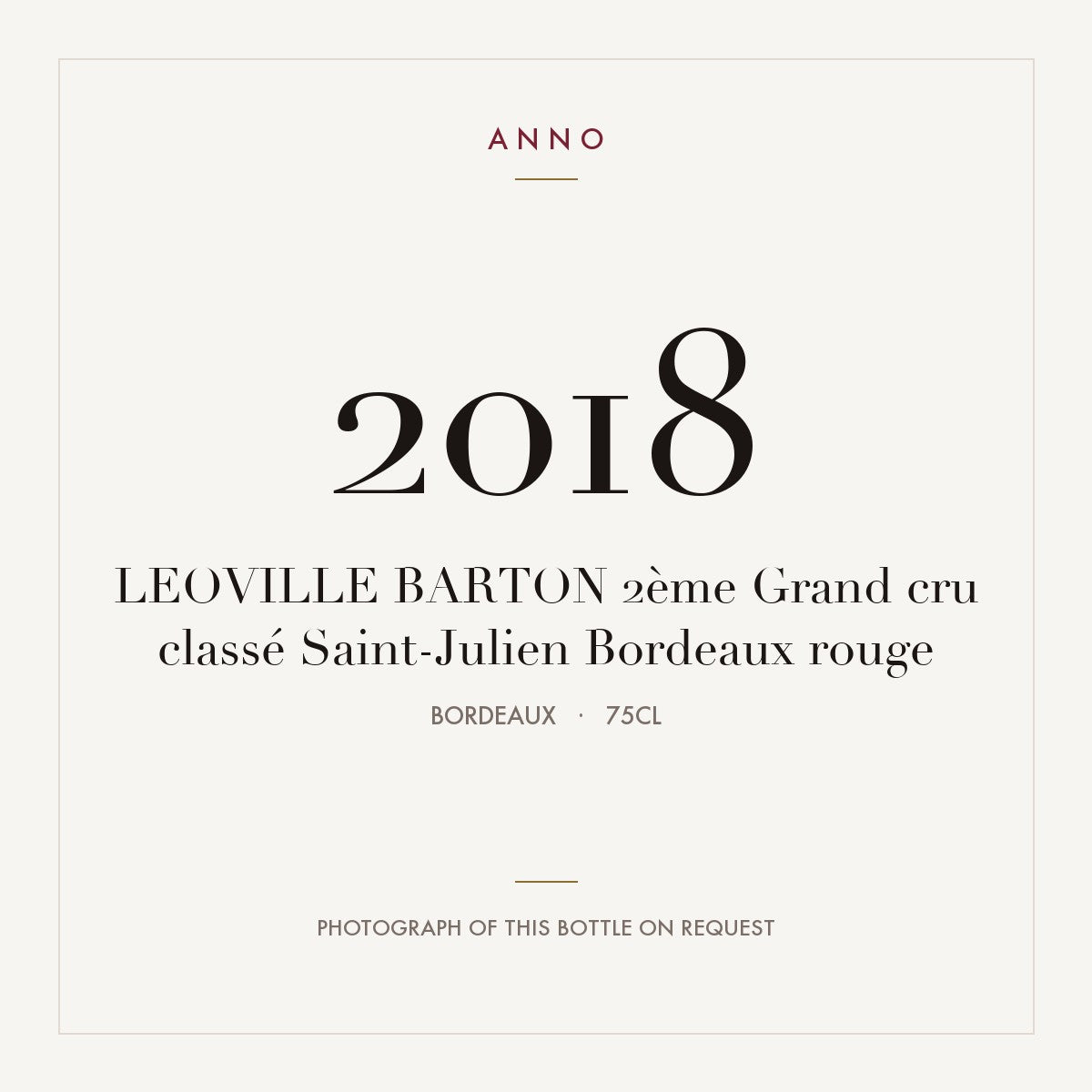 Leoville Barton Saint-Julien 2018 AOC 0,75l — ANNO vintage card; photograph of the actual bottle available on request
