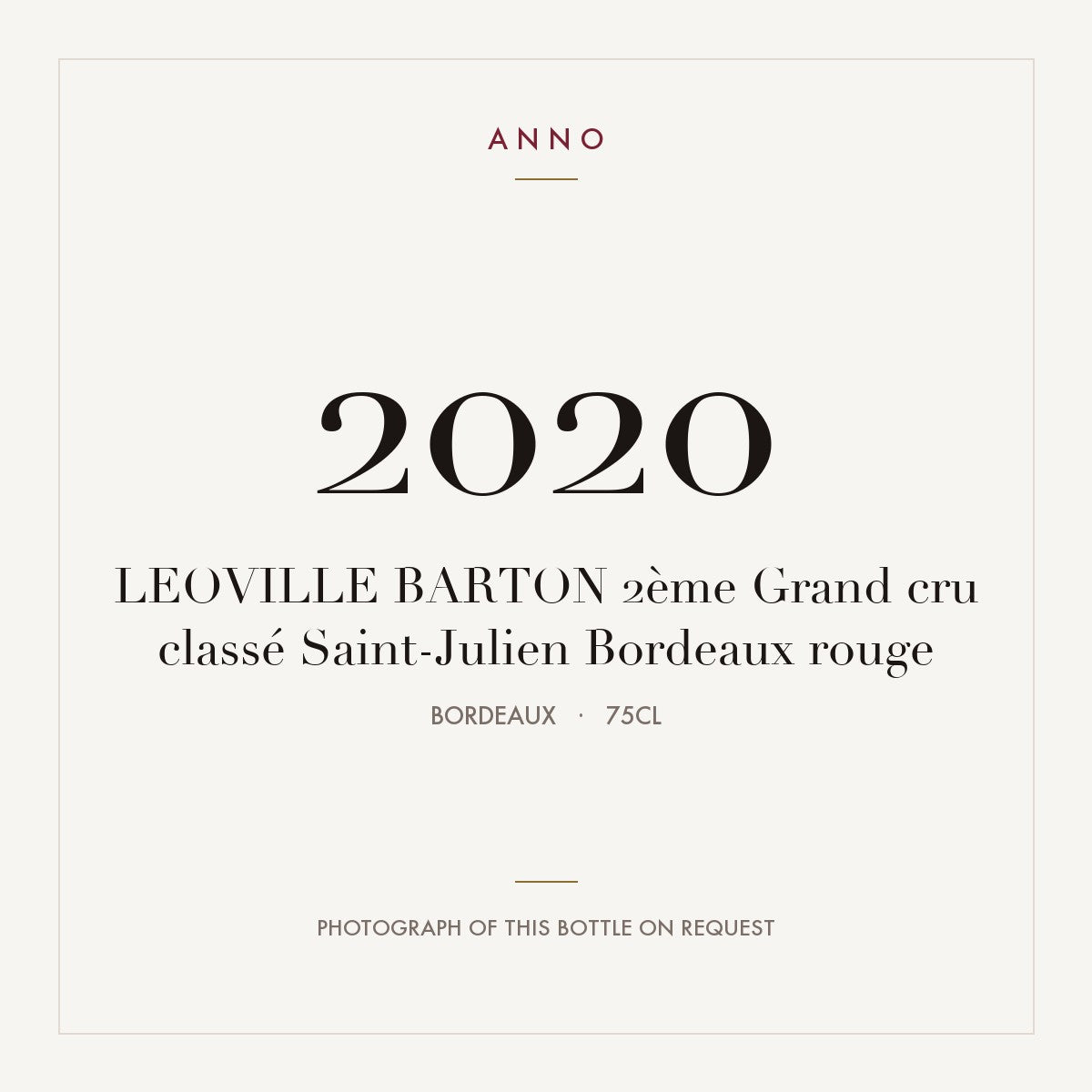 Leoville Barton Saint-Julien 2020 AOC 0,75l — ANNO vintage card; photograph of the actual bottle available on request