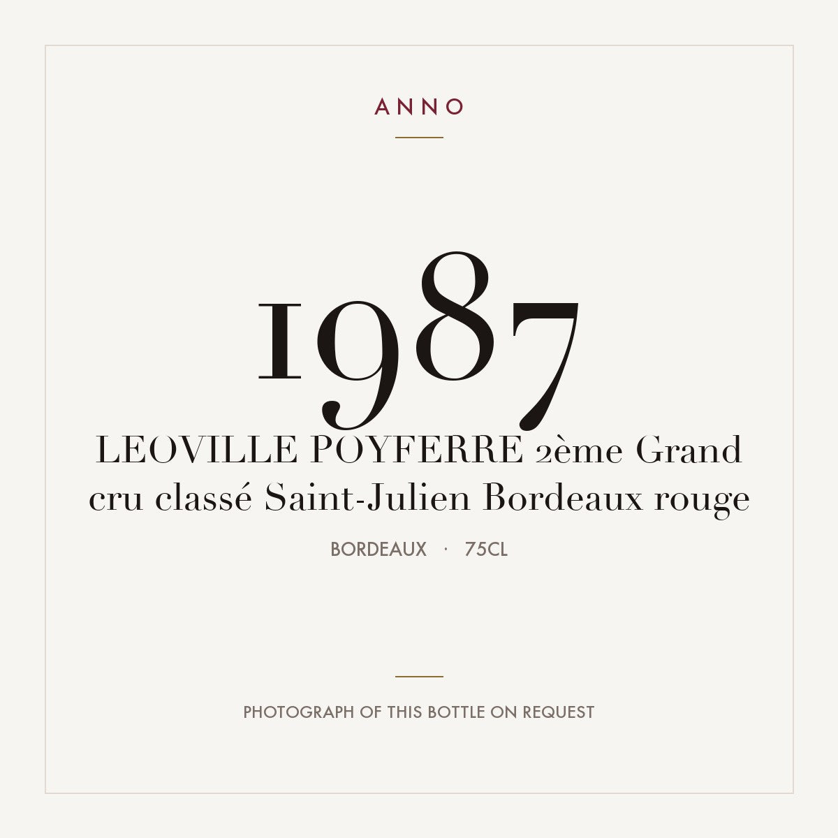 Chateau Leoville Poyferre Saint-Julien 1987 AOC 0,75l — ANNO vintage card; photograph of the actual bottle available on request