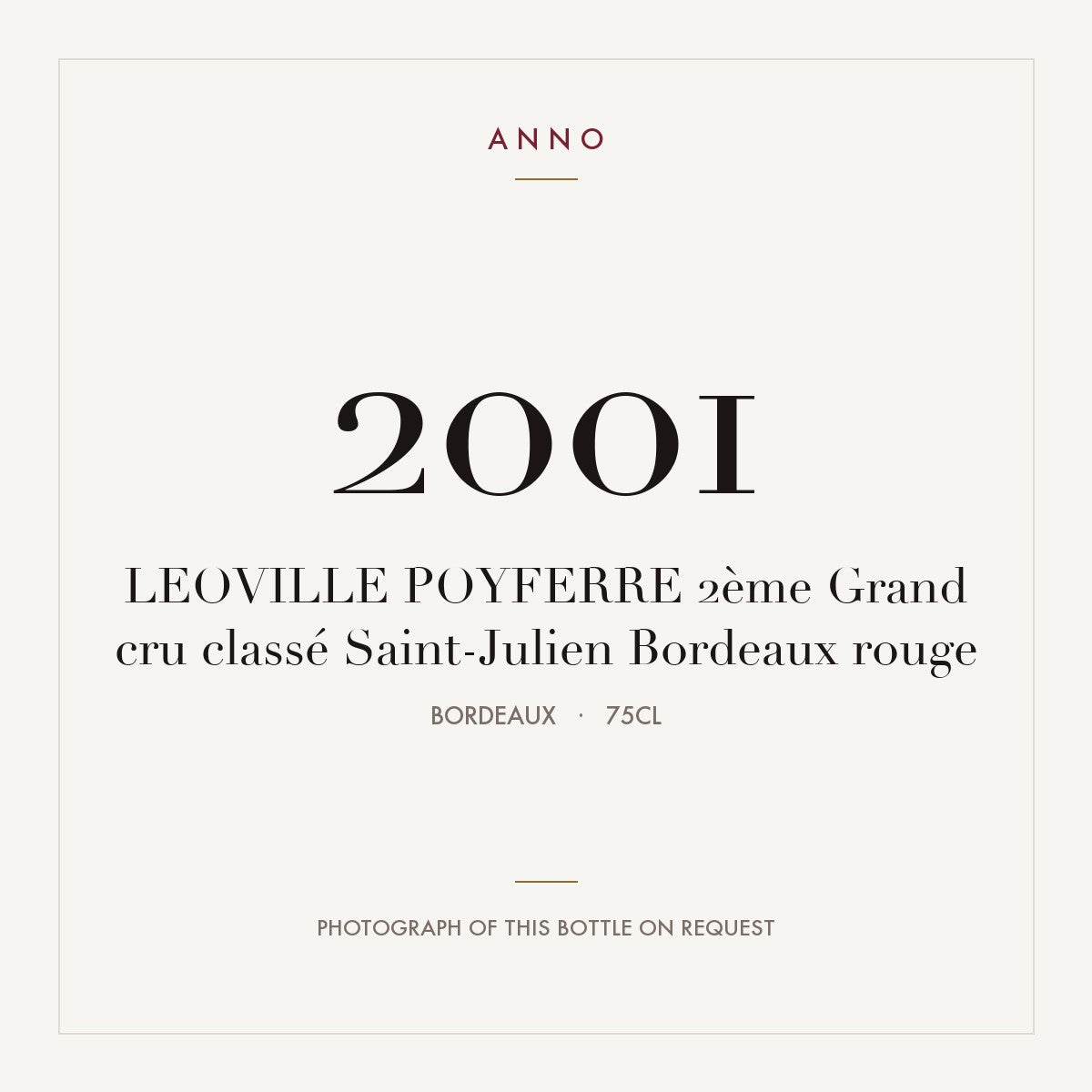 Chateau Leoville Poyferre Saint-Julien 2001 AOC 0,75l — ANNO vintage card; photograph of the actual bottle available on request