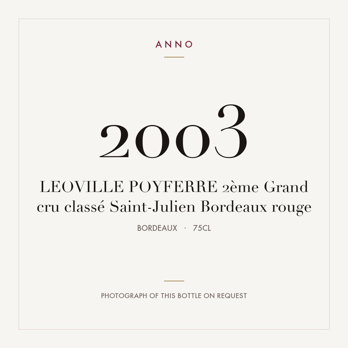 Chateau Leoville Poyferre Saint-Julien 2003 AOC 0,75l — ANNO vintage card; photograph of the actual bottle available on request
