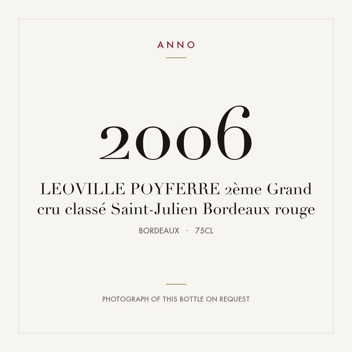 Chateau Leoville Poyferre Saint-Julien 2006 AOC 0,75l — ANNO vintage card; photograph of the actual bottle available on request