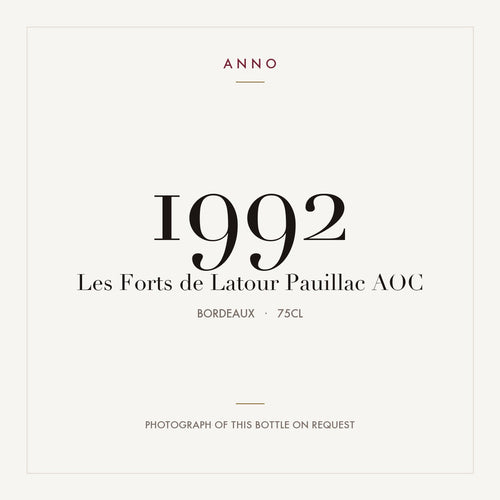Les Forts de Latour Pauillac 1992 AOC 0,75l from Bordeaux — ANNO vintage card; photograph of the actual bottle available on request