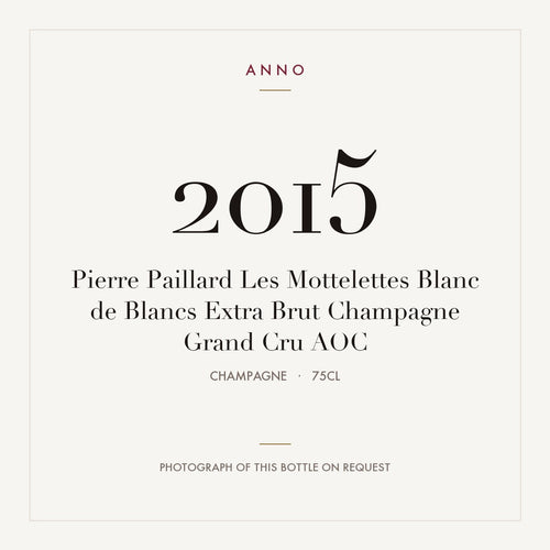 Pierre Paillard Les Mottelettes Blanc de Blancs Extra Brut Champagne Grand Cru 2015 AOC 0,75l from Champagne — ANNO vintage card; photograph of the actual bottle available on request