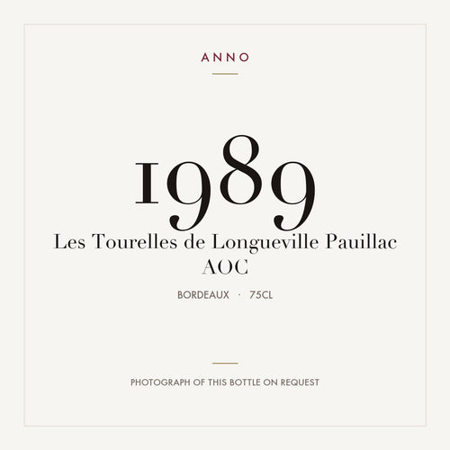 Les Tourelles de Longueville Pauillac 1989 AOC 0,75l from Bordeaux — ANNO vintage card; photograph of the actual bottle available on request