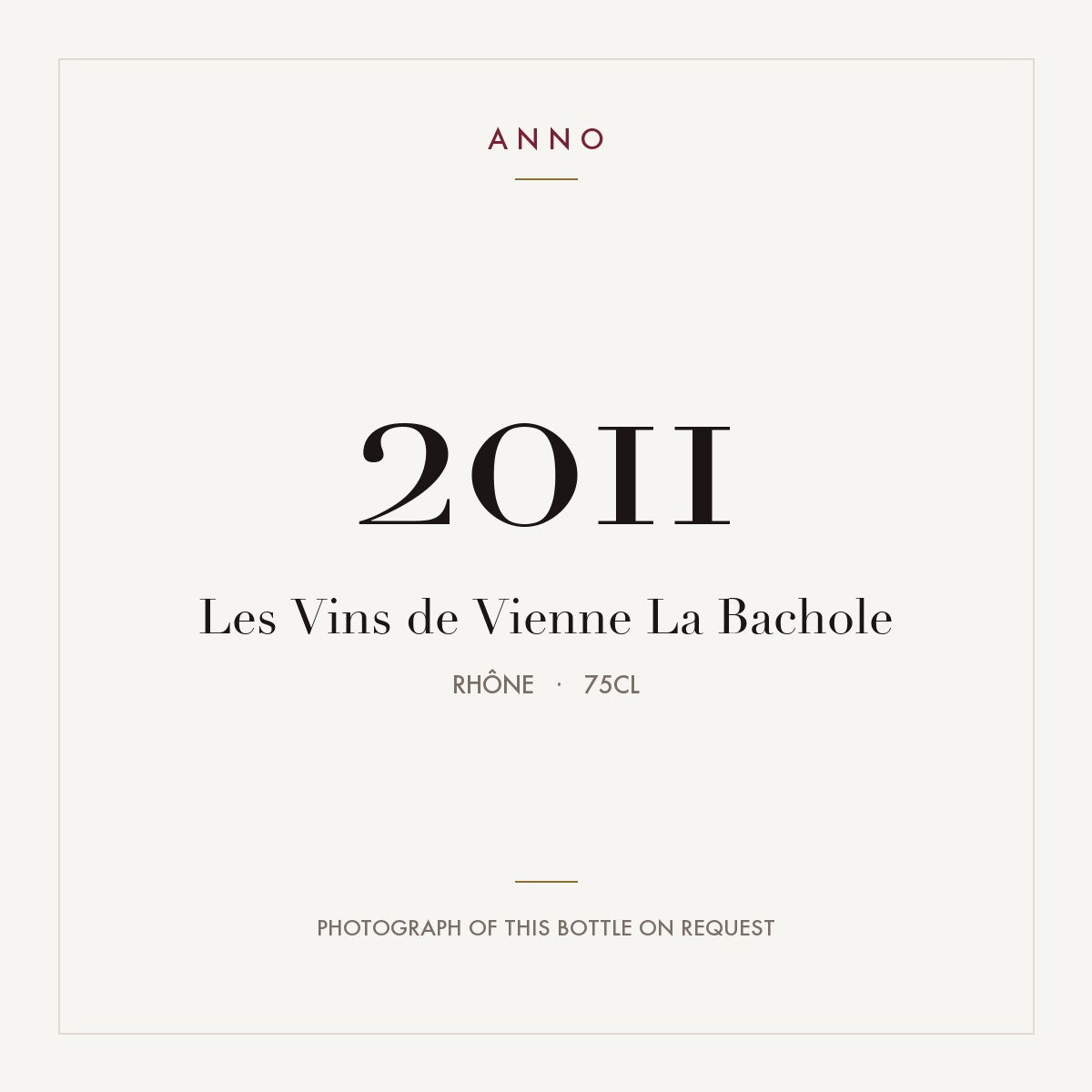 Les Vins de Vienne La Bachole 2011 0,75l, Rhône — carte millésime ANNO ; photo de la bouteille réelle disponible sur demande