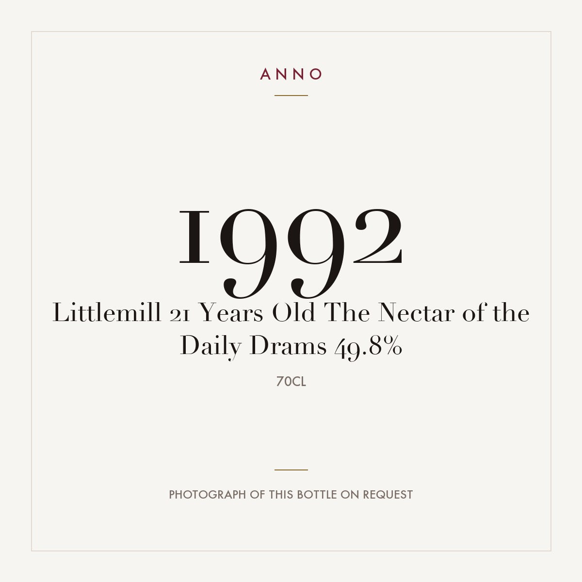 Littlemill 21 Years Old The Nectar of the Daily Drams 1992 0,7l — ANNO vintage card; photograph of the actual bottle available on request