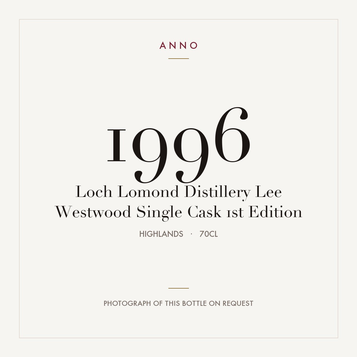 Loch Lomond Distillery Lee Westwood Single Cask 1st Edition 1996 0,7l from Highlands — ANNO vintage card; photograph of the actual bottle available on request