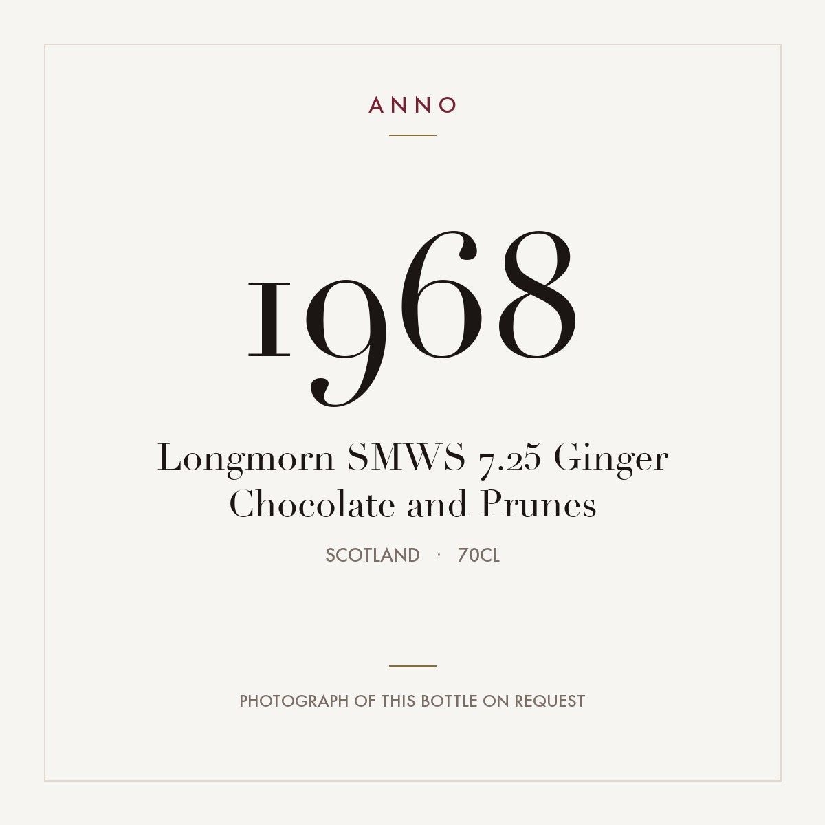 Longmorn SMWS 7.25 Ginger Chocolate and Prunes 1968 0,7l, スコットランド — ANNOヴィンテージカード。実際のボトルの写真はご要望に応じてご用意します