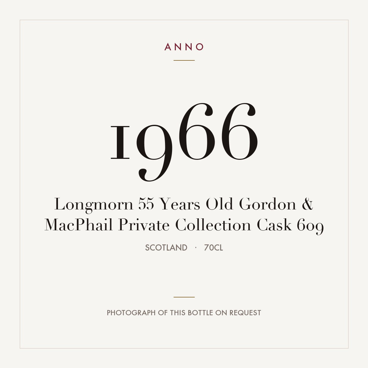 Longmorn 55 Years Old Gordon & MacPhail Private Collection Cask 609 1966 0,7l from Scotland — ANNO vintage card; photograph of the actual bottle available on request