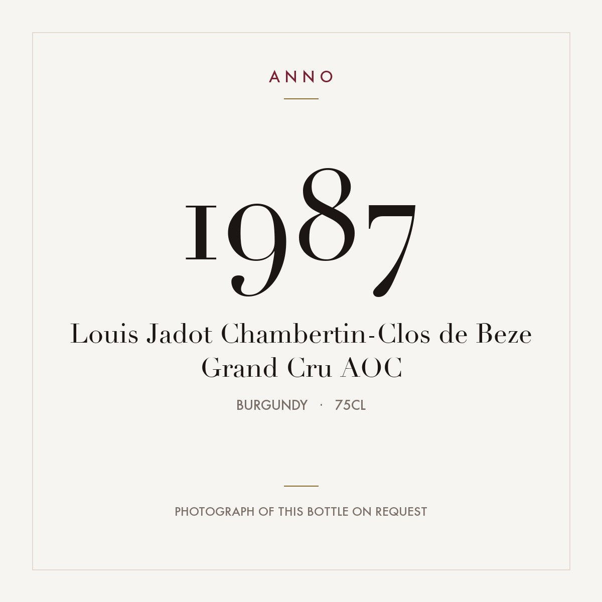 Louis Jadot Chambertin-Clos de Beze Grand Cru 1987 AOC 0,75l, Bourgogne — carte millésime ANNO ; photo de la bouteille réelle disponible sur demande