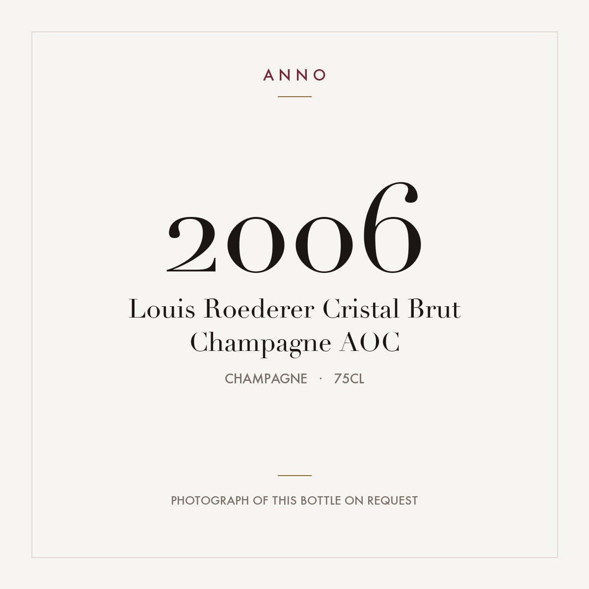 Louis Roederer Cristal Brut Champagne 2006 AOC 0,75l, Champagne — card dell'annata ANNO; foto della bottiglia reale disponibile su richiesta