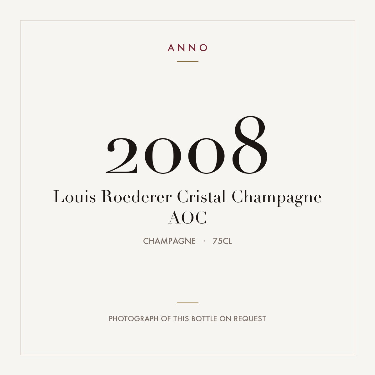 Louis Roederer Cristal Champagne 2008 AOC 0,75l, Champagne — carte millésime ANNO ; photo de la bouteille réelle disponible sur demande