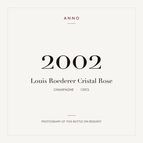 Louis Roederer Cristal Rose 2002 1,5l — tarjeta de añada ANNO; foto de la botella real disponible bajo petición