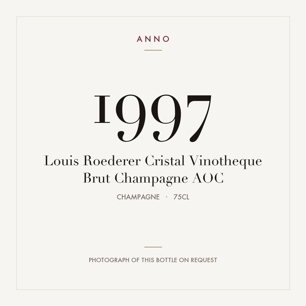 Louis Roederer Cristal Vinotheque Brut Champagne 1997 AOC 0,75l from Champagne — ANNO vintage card; photograph of the actual bottle available on request