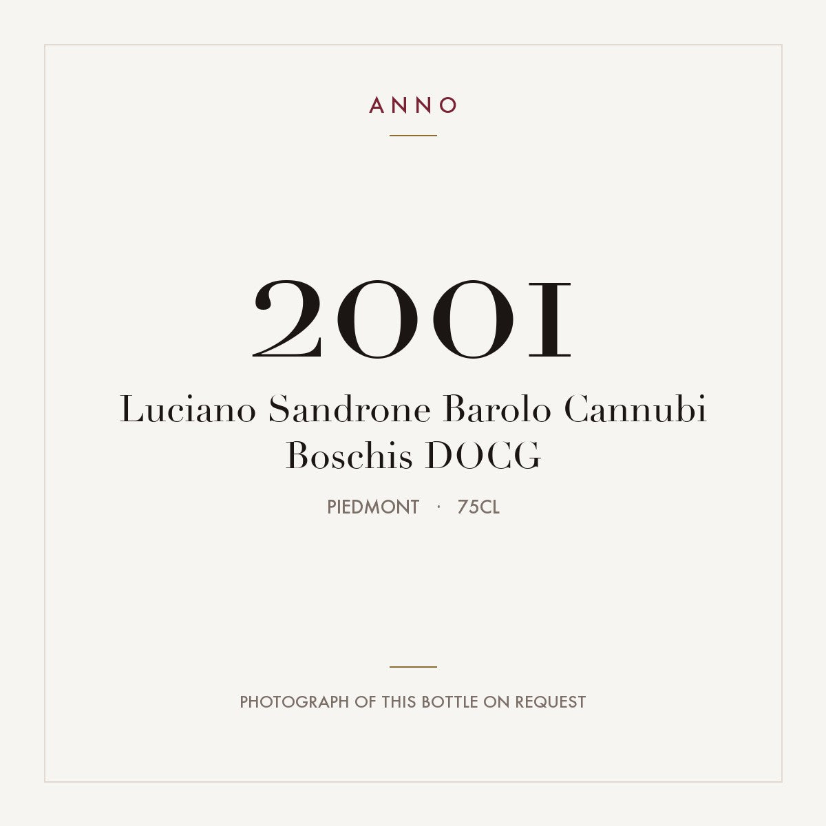 Luciano Sandrone Barolo Cannubi Boschis 2001 DOCG 0,75l from Piedmont — ANNO vintage card; photograph of the actual bottle available on request