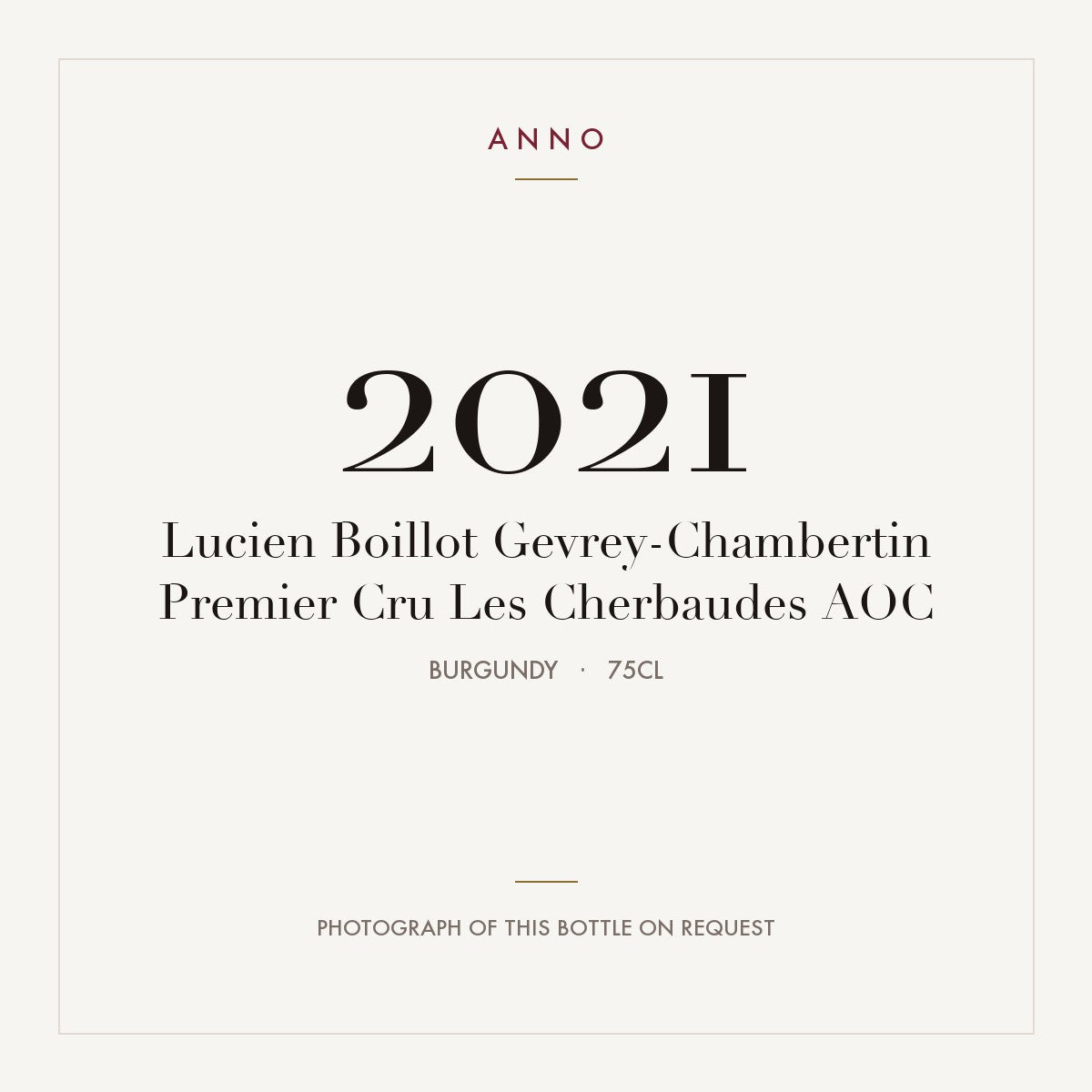 Lucien Boillot Gevrey-Chambertin Premier Cru Les Cherbaudes 2021 AOC 0,75l, 勃根地 — ANNO 年份卡；實際酒瓶照片可應要求提供