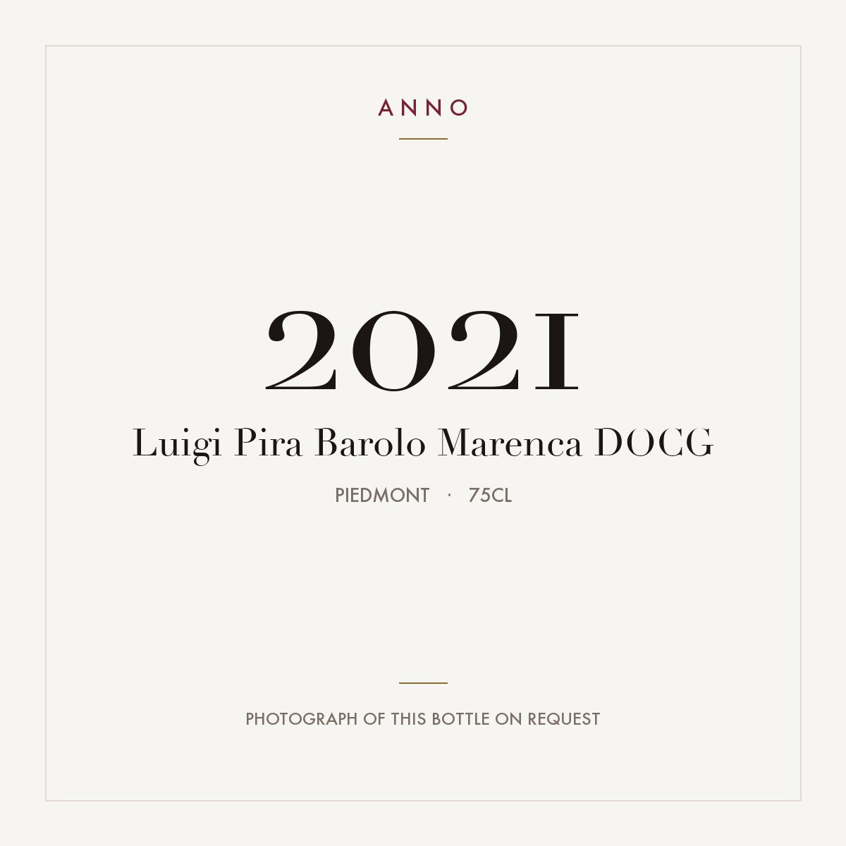 Luigi Pira Barolo Marenca 2021 DOCG 0,75l, Piemonte — cartão de colheita ANNO; fotografia da garrafa real disponível a pedido