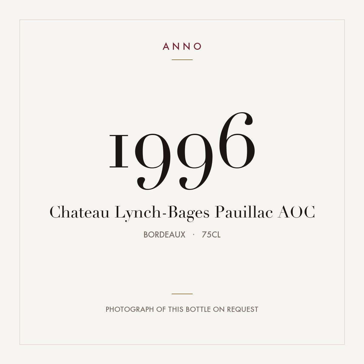 Chateau Lynch-Bages Pauillac 1996 AOC 0,75l, Bordeaux — carte millésime ANNO ; photo de la bouteille réelle disponible sur demande