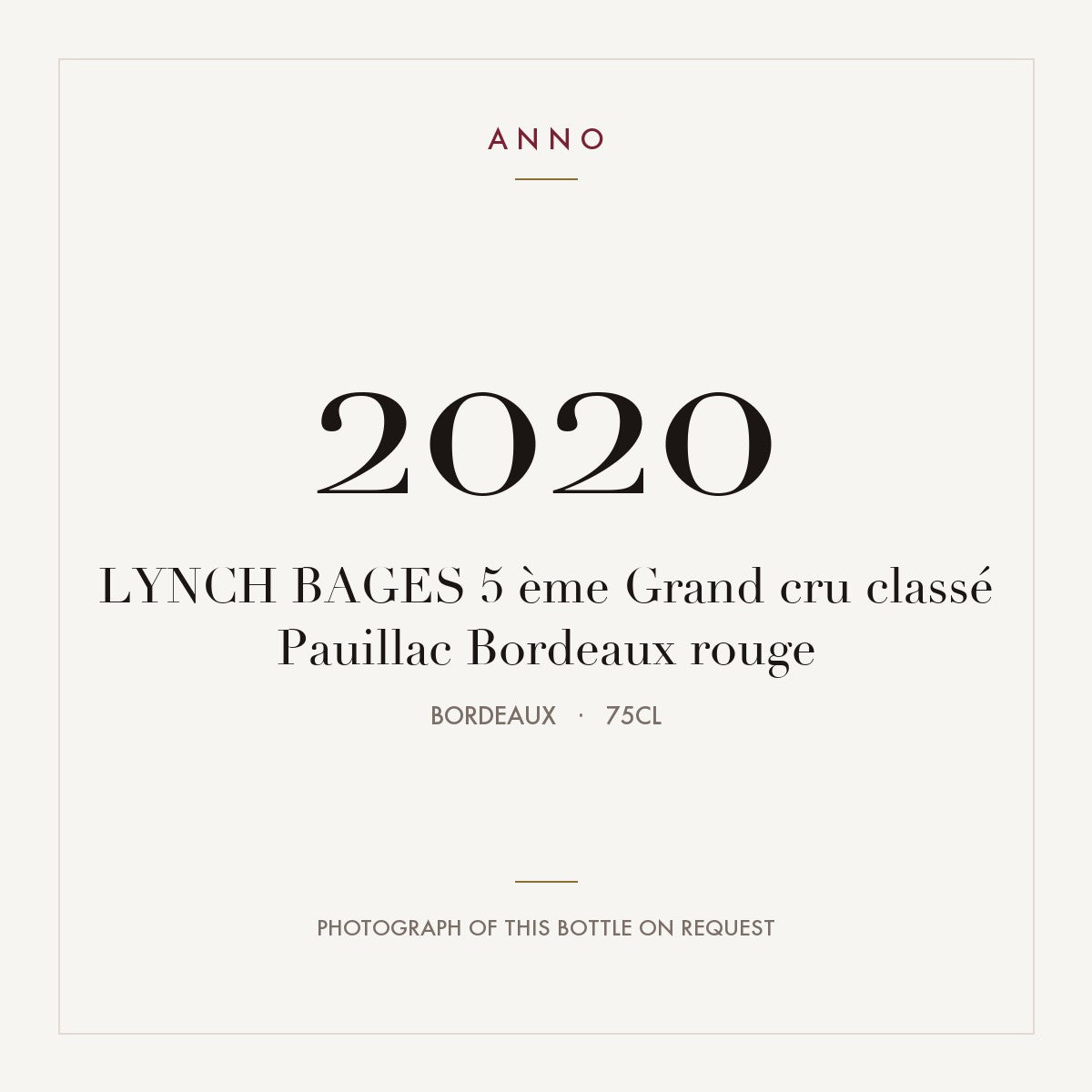 Chateau Lynch-Bages Pauillac 2020 AOC 0,75l — ANNO vintage card; photograph of the actual bottle available on request