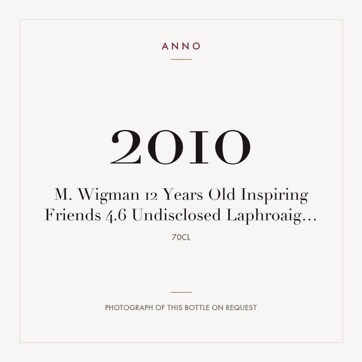 M. Wigman 12 Years Old Inspiring Friends 4.6 Undisclosed Laphroaig 2010 0,7l — ANNO vintage card; photograph of the actual bottle available on request