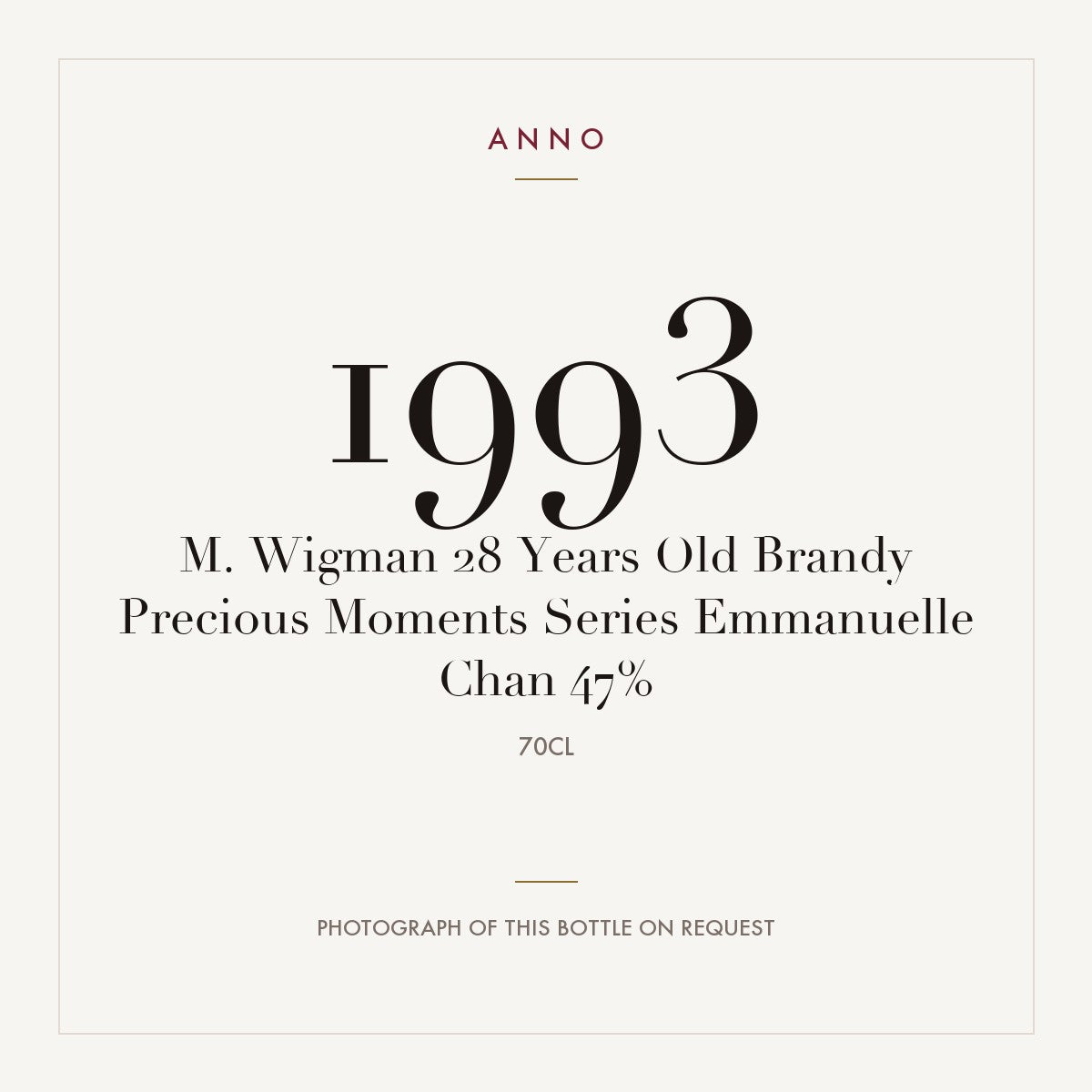 M. Wigman 28 Years Old Brandy Precious Moments Series Emmanuelle Chan 47% 1993 0,7l — ANNO vintage card; photograph of the actual bottle available on request