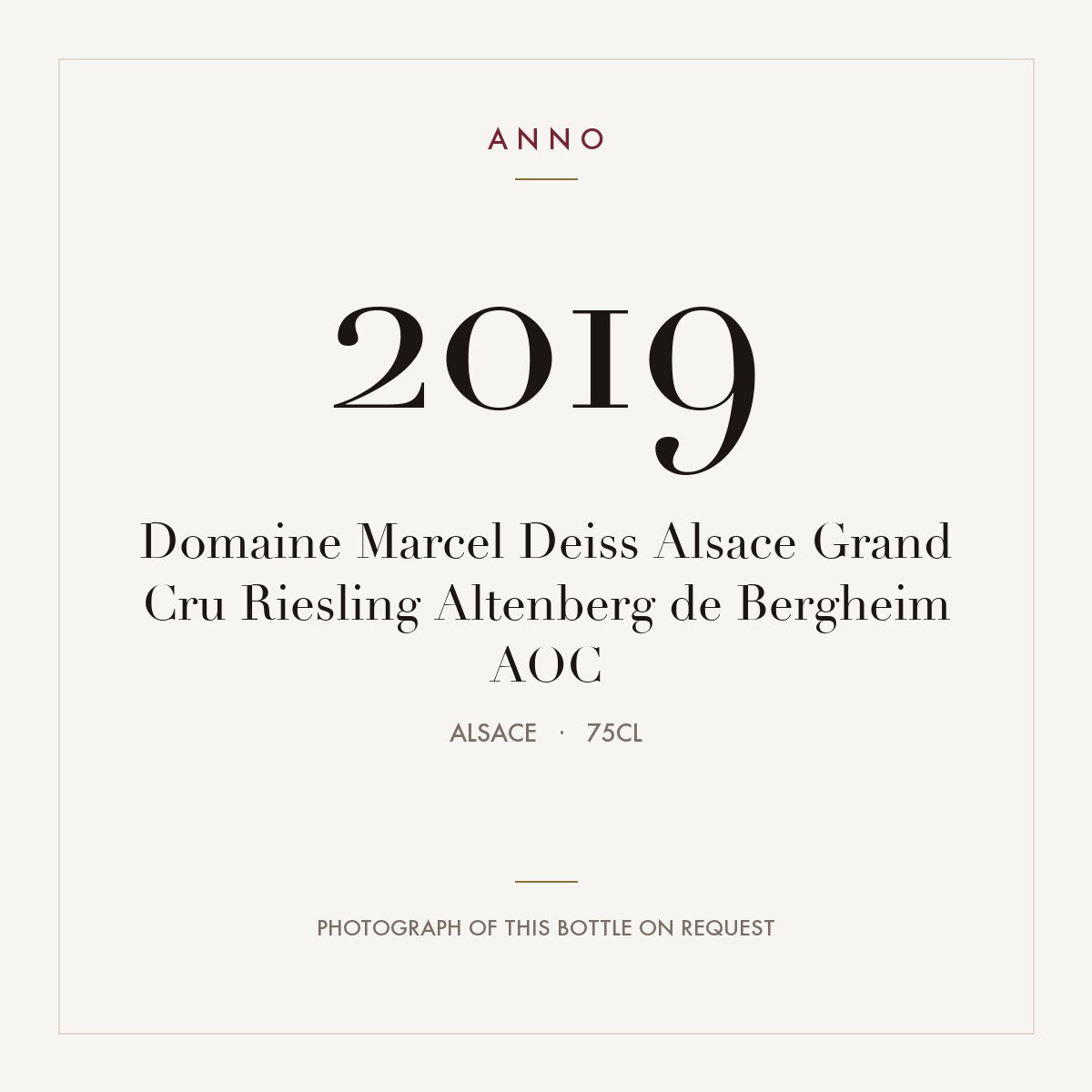 Domaine Marcel Deiss Alsace Grand Cru Riesling Altenberg de Bergheim 2019 AOC 0,75l, Alsace — carte millésime ANNO ; photo de la bouteille réelle disponible sur demande