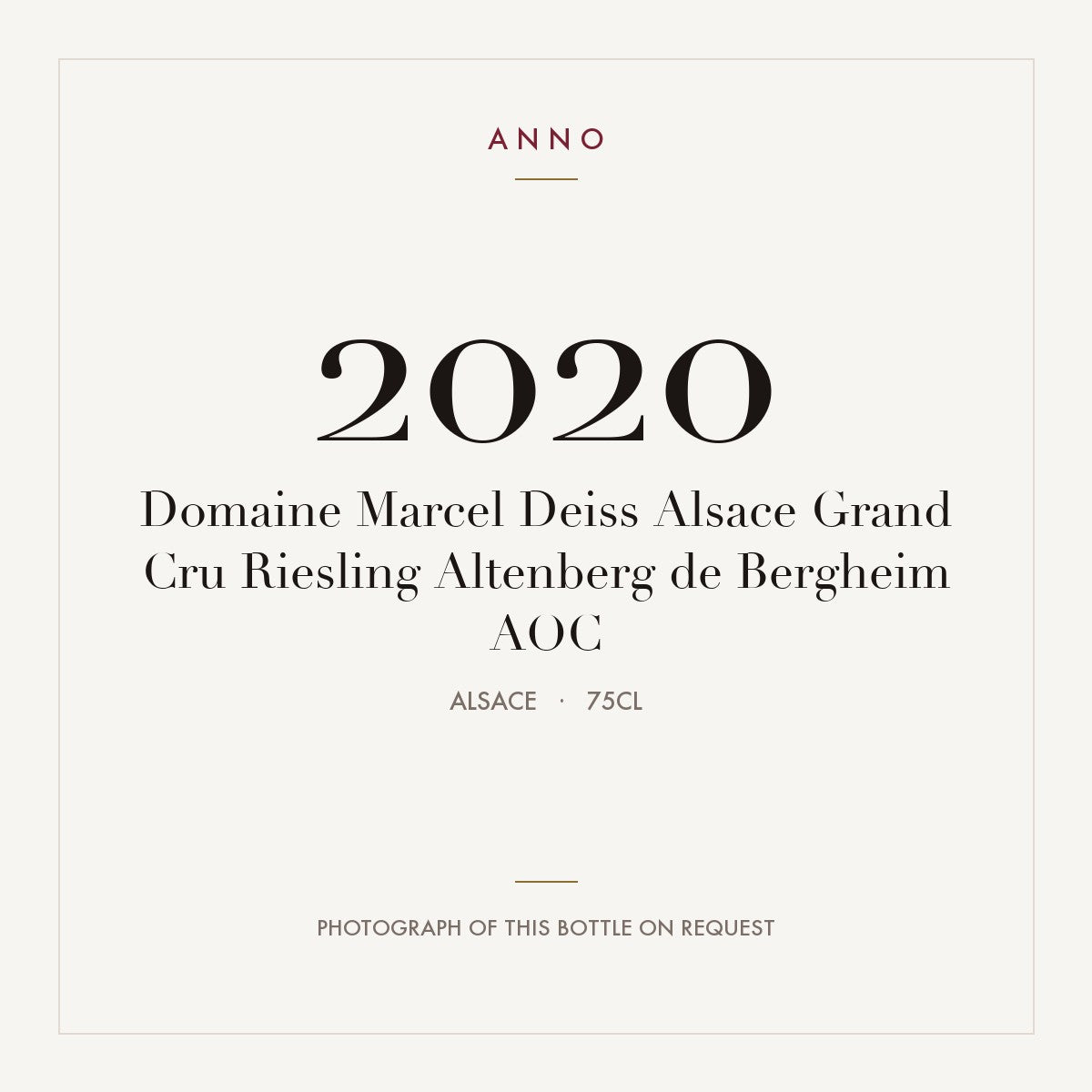 Domaine Marcel Deiss Alsace Grand Cru Riesling Altenberg de Bergheim 2020 AOC 0,75l, Alsace — carte millésime ANNO ; photo de la bouteille réelle disponible sur demande