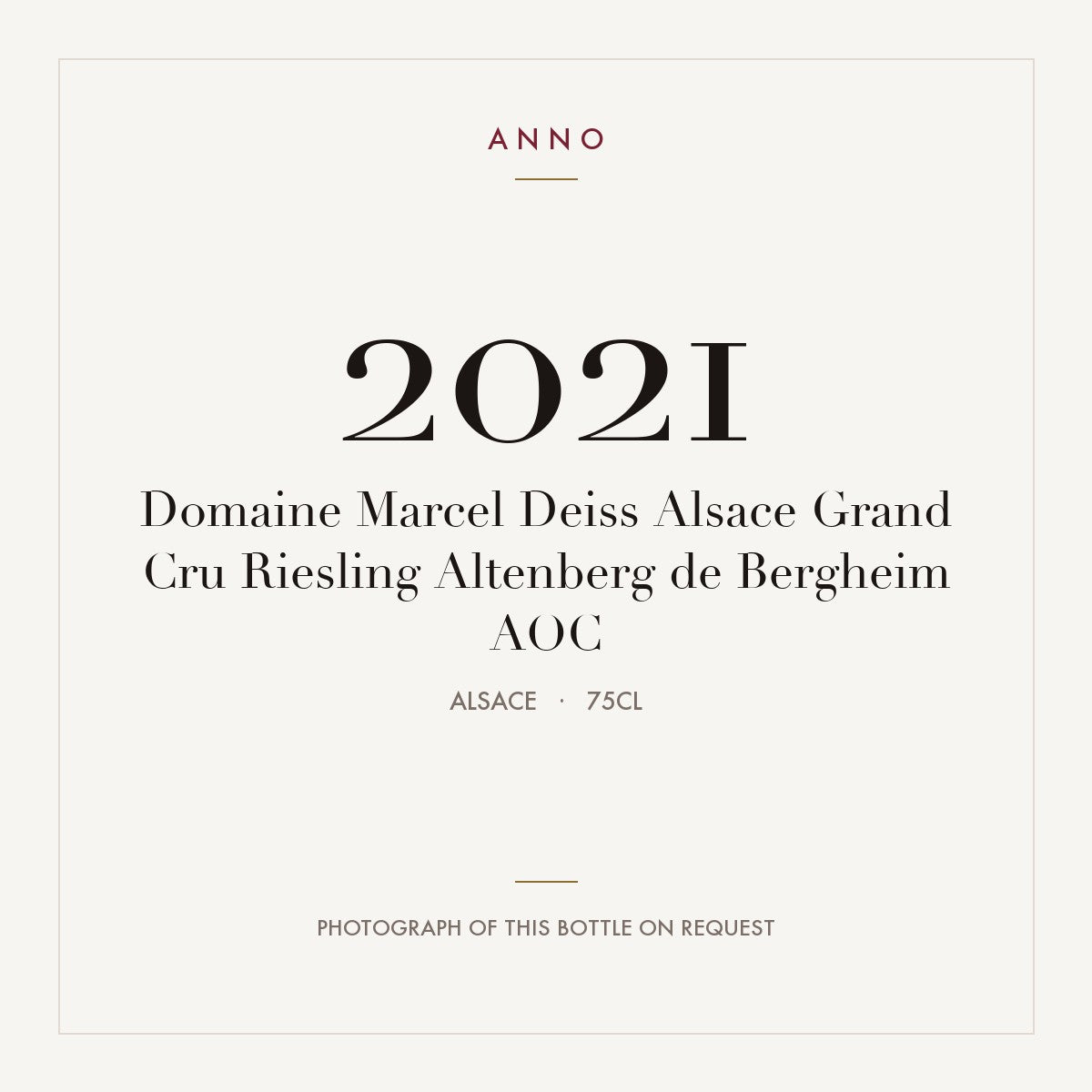 Domaine Marcel Deiss Alsace Grand Cru Riesling Altenberg de Bergheim 2021 AOC 0,75l, Alsace — carte millésime ANNO ; photo de la bouteille réelle disponible sur demande