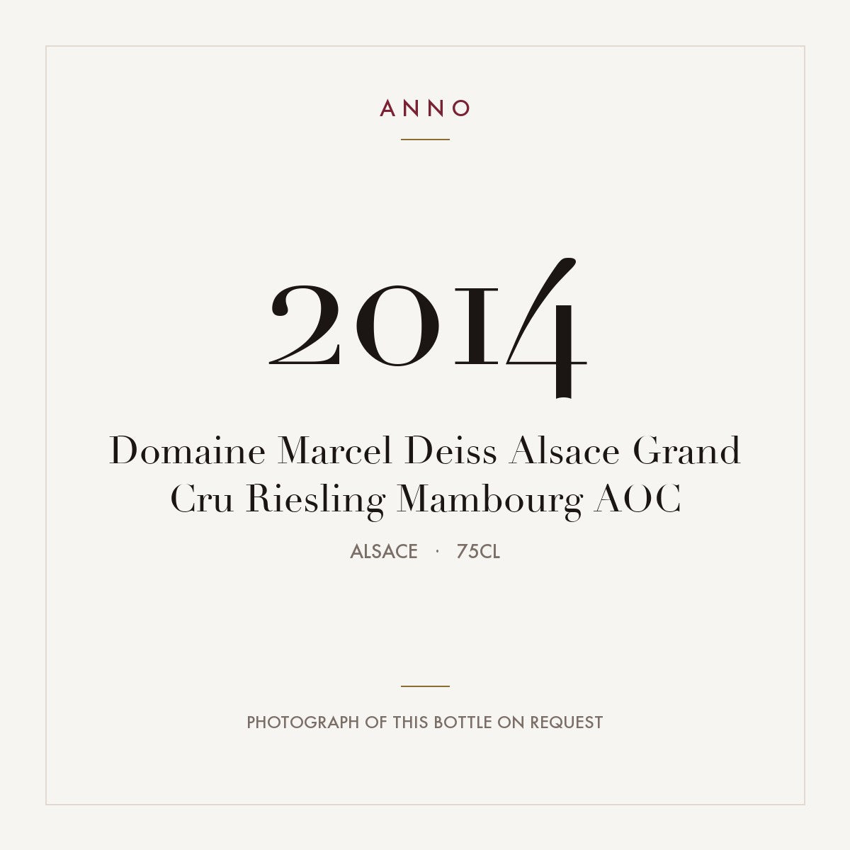 Domaine Marcel Deiss Alsace Grand Cru Riesling Mambourg 2014 AOC 0,75l, Alsazia — card dell'annata ANNO; foto della bottiglia reale disponibile su richiesta