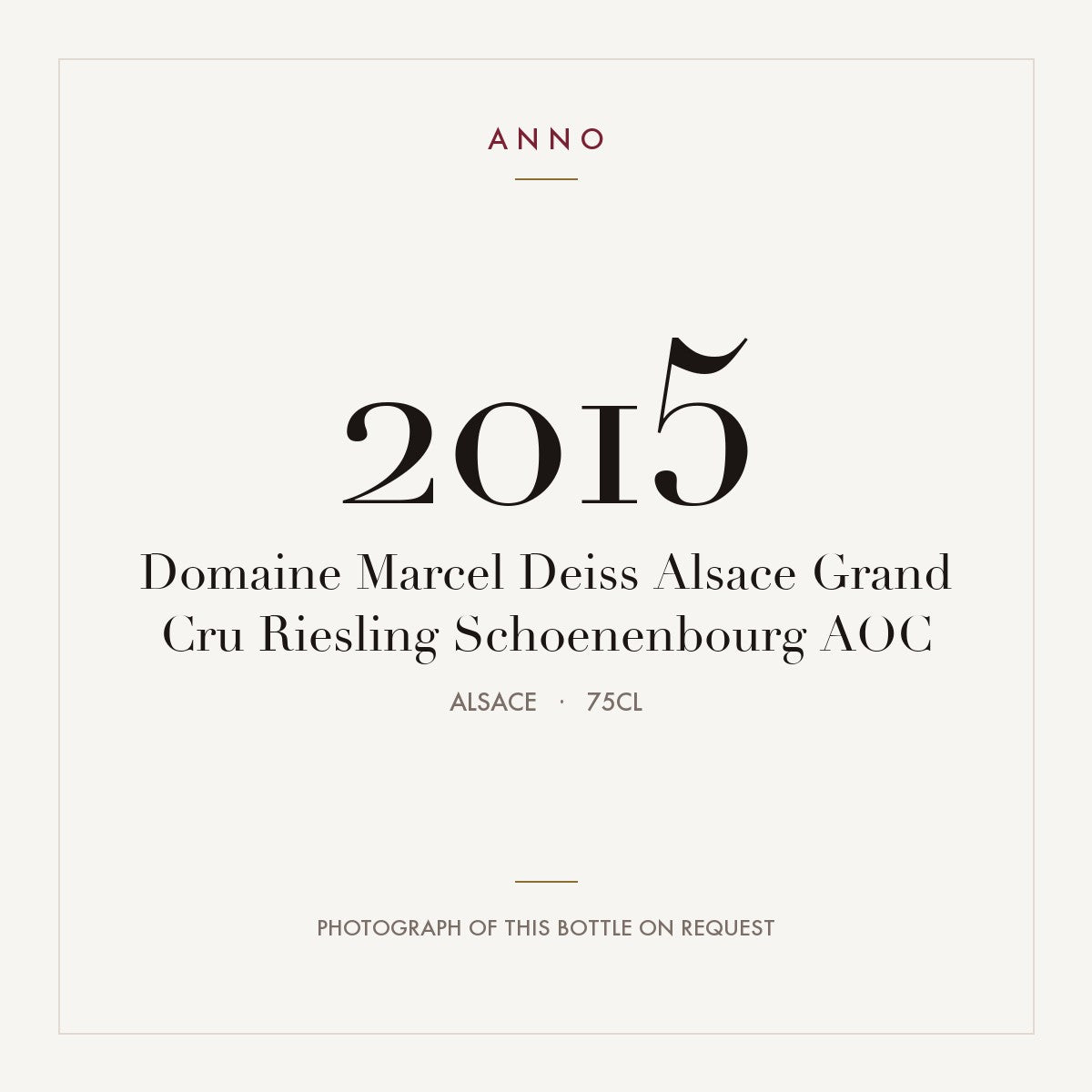 Domaine Marcel Deiss Alsace Grand Cru Riesling Schoenenbourg 2015 AOC 0,75l, 阿爾薩斯 — ANNO 年份卡；實際酒瓶照片可應要求提供