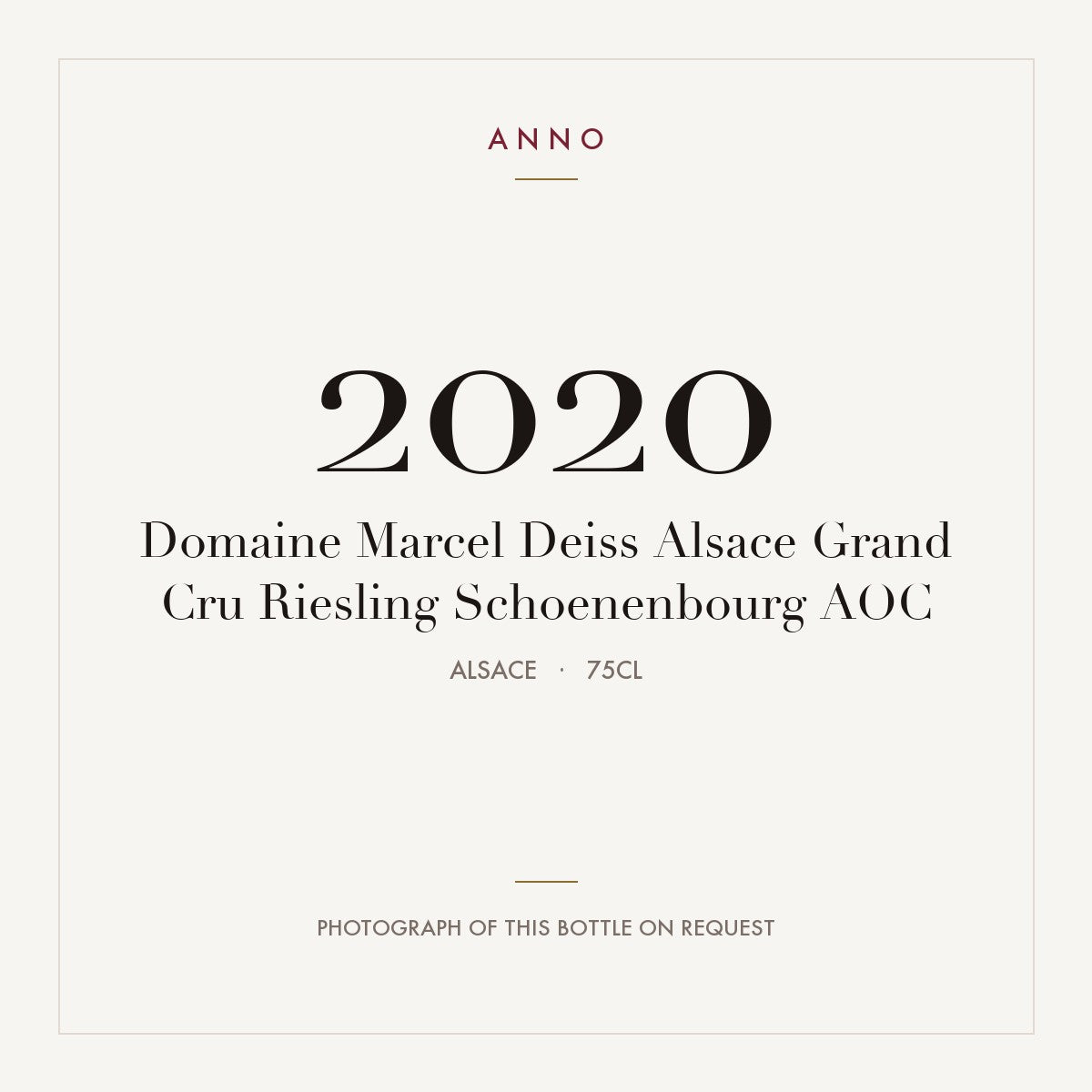 Domaine Marcel Deiss Alsace Grand Cru Riesling Schoenenbourg 2020 AOC 0,75l, 阿爾薩斯 — ANNO 年份卡；實際酒瓶照片可應要求提供