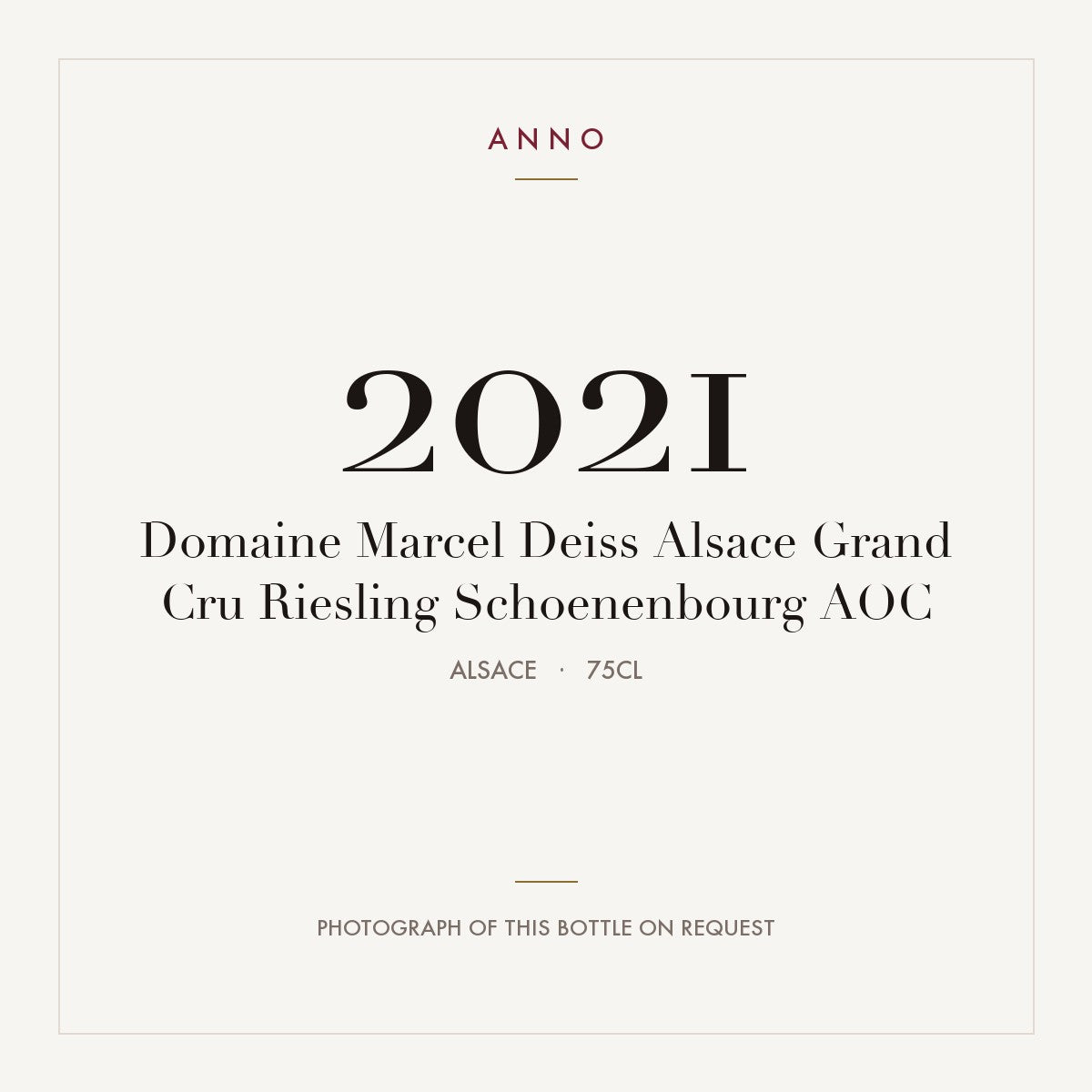 Domaine Marcel Deiss Alsace Grand Cru Riesling Schoenenbourg 2021 AOC 0,75l, Alsacia — tarjeta de añada ANNO; foto de la botella real disponible bajo petición
